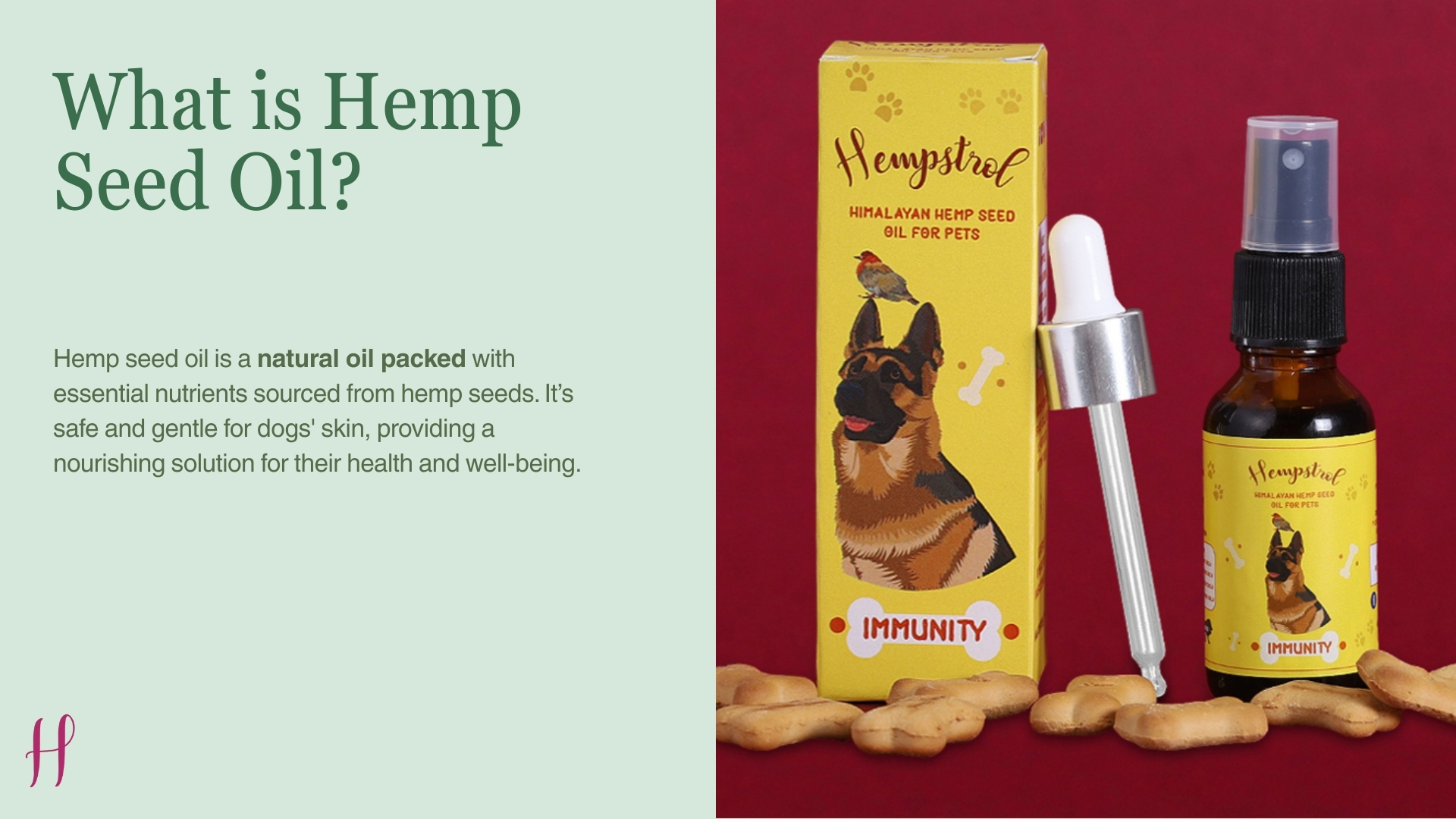 Himalayan hemp seed oil for pets bottle showing natural oil for dogs’ skin health and immunity support.
